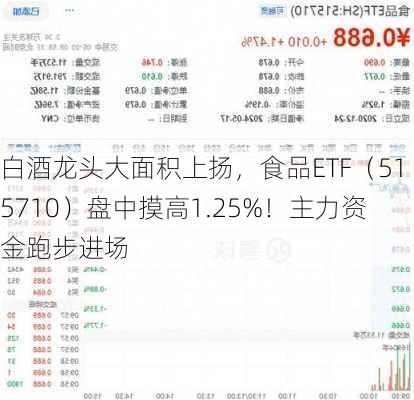 白酒龙头大面积上扬，食品ETF（515710）盘中摸高1.25%！主力资金跑步进场