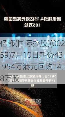 亿都(国际控股)(00259)7月10日耗资43.954万港元回购14.8万股