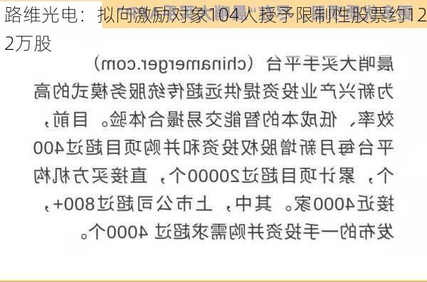 路维光电：拟向激励对象104人授予限制性股票约122万股