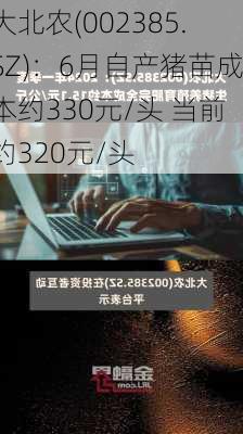 大北农(002385.SZ)：6月自产猪苗成本约330元/头 当前约320元/头