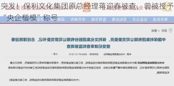 突发！保利文化集团原总经理蒋迎春被查，曾被授予“央企楷模”称号