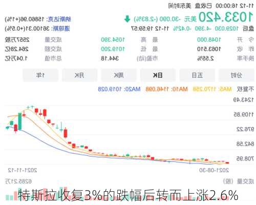 特斯拉收复3%的跌幅后转而上涨2.6%