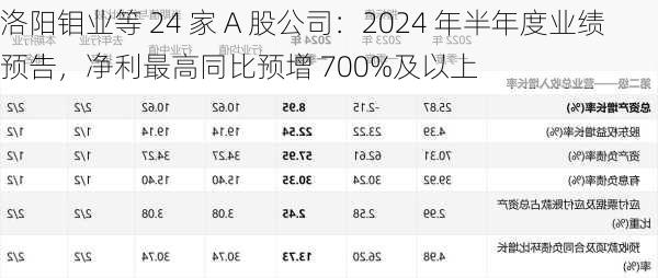 洛阳钼业等 24 家 A 股公司：2024 年半年度业绩预告，净利最高同比预增 700%及以上