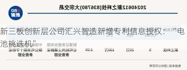 新三板创新层公司汇兴智造新增专利信息授权：“电池挑选机”