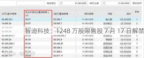 智迪科技：1248 万股限售股 7 月 17 日解禁