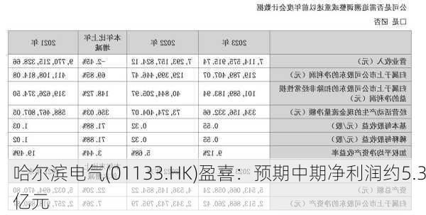 哈尔滨电气(01133.HK)盈喜：预期中期净利润约5.3亿元