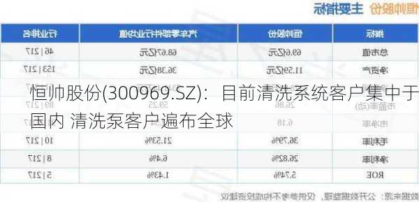 恒帅股份(300969.SZ)：目前清洗系统客户集中于国内 清洗泵客户遍布全球