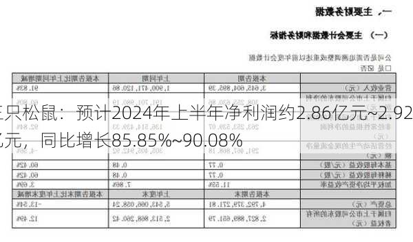 三只松鼠：预计2024年上半年净利润约2.86亿元~2.92亿元，同比增长85.85%~90.08%