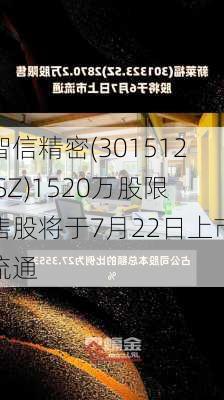 智信精密(301512.SZ)1520万股限售股将于7月22日上市流通