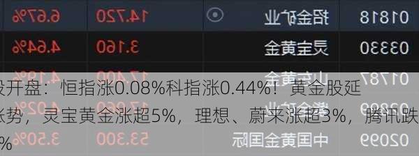 港股开盘：恒指涨0.08%科指涨0.44%！黄金股延续涨势，灵宝黄金涨超5%，理想、蔚来涨超3%，腾讯跌近1%