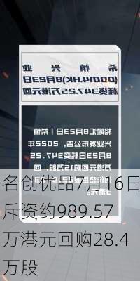 名创优品7月16日斥资约989.57万港元回购28.4万股