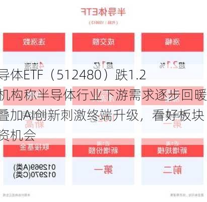 半导体ETF（512480）跌1.2% 机构称半导体行业下游需求逐步回暖，叠加AI创新刺激终端升级，看好板块投资机会