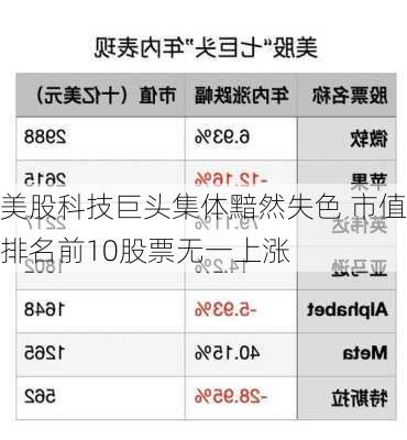 美股科技巨头集体黯然失色 市值排名前10股票无一上涨