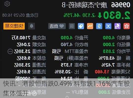 快讯：港股恒指跌0.49% 科指跌1.16%汽车股集体低开