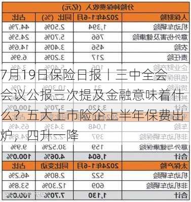 7月19日保险日报丨三中全会会议公报三次提及金融意味着什么？五大上市险企上半年保费出炉，四升一降