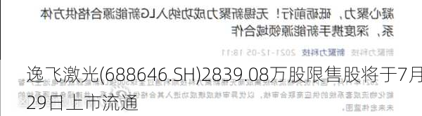 逸飞激光(688646.SH)2839.08万股限售股将于7月29日上市流通