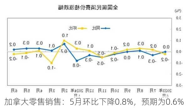 加拿大零售销售：5月环比下降0.8%，预期为0.6%