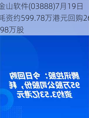 金山软件(03888)7月19日耗资约599.78万港元回购26.98万股