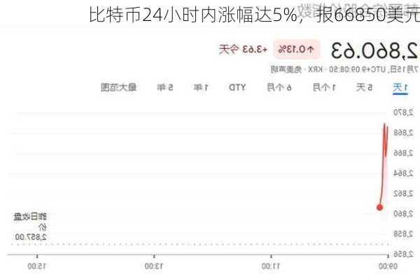 比特币24小时内涨幅达5%，报66850美元