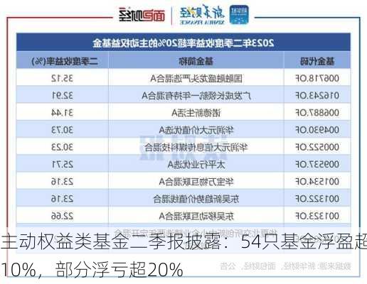 主动权益类基金二季报披露：54只基金浮盈超10%，部分浮亏超20%