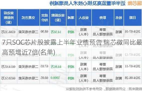 7只SOC芯片股披露上半年业绩预告 瑞芯微同比最高预增近7倍(名单)