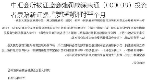 中汇会所被证监会处罚成深大通（000038）投资者索赔新证据，索赔倒计时一个月