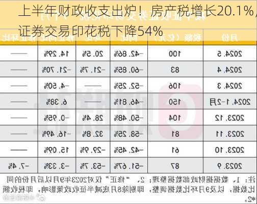 上半年财政收支出炉！房产税增长20.1%，证券交易印花税下降54%