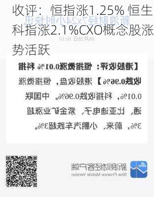 收评：恒指涨1.25% 恒生科指涨2.1%CXO概念股涨势活跃