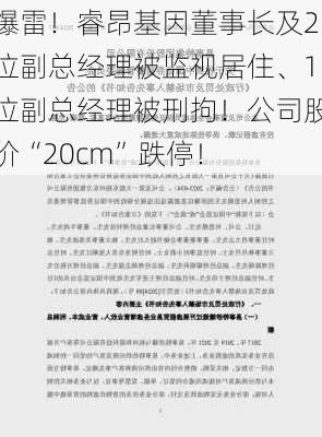 爆雷！睿昂基因董事长及2位副总经理被监视居住、1位副总经理被刑拘！公司股价“20cm”跌停！