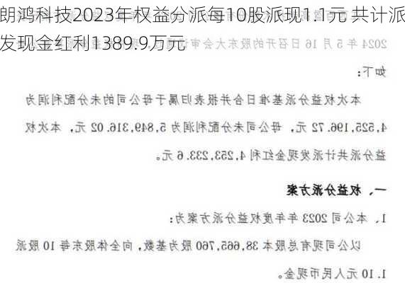 朗鸿科技2023年权益分派每10股派现1.1元 共计派发现金红利1389.9万元