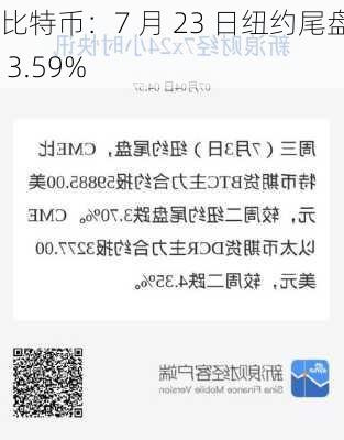 比特币：7 月 23 日纽约尾盘跌 3.59%