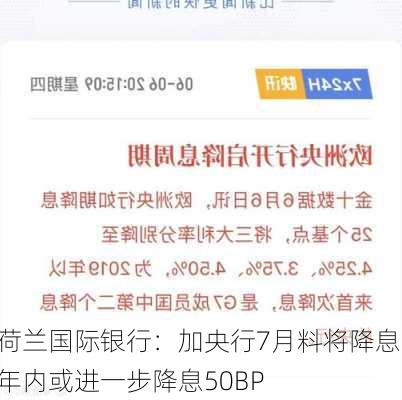 荷兰国际银行：加央行7月料将降息 年内或进一步降息50BP