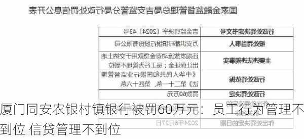 厦门同安农银村镇银行被罚60万元：员工行为管理不到位 信贷管理不到位