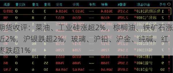 期货收评：菜油、工业硅涨超2%，棕榈油、铁矿石涨近2%，沪银跌超2%，玻璃、沪铅、沪金、纯碱、红枣跌超1%