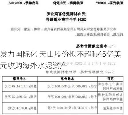 发力国际化 天山股份拟不超1.45亿美元收购海外水泥资产