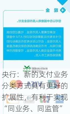 央行：新的支付业务分类方式具有更好的扩展性，有利于实现“同业务、同监管”