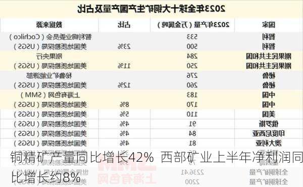 铜精矿产量同比增长42%  西部矿业上半年净利润同比增长约8%