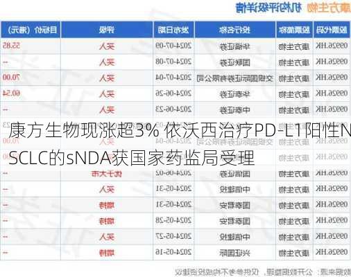 康方生物现涨超3% 依沃西治疗PD-L1阳性NSCLC的sNDA获国家药监局受理