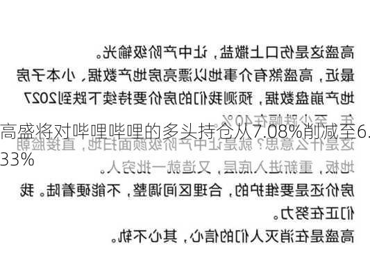 高盛将对哔哩哔哩的多头持仓从7.08%削减至6.33%