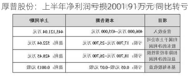 厚普股份：上半年净利润亏损2001.91万元 同比转亏