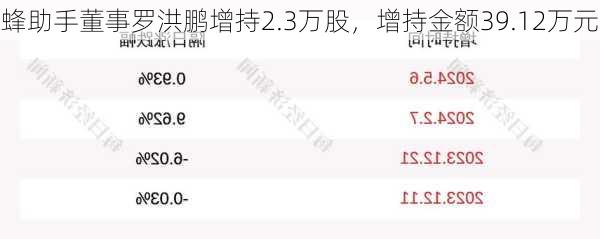 蜂助手董事罗洪鹏增持2.3万股，增持金额39.12万元