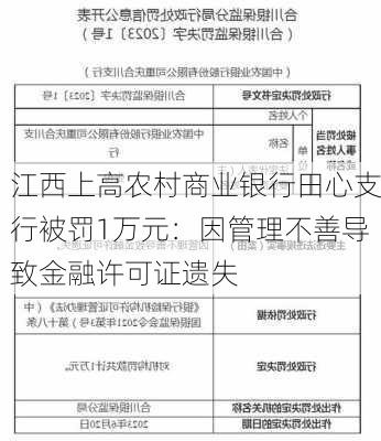 江西上高农村商业银行田心支行被罚1万元：因管理不善导致金融许可证遗失