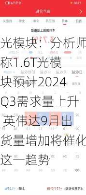 光模块：分析师称1.6T光模块预计2024Q3需求量上升 英伟达9月出货量增加将催化这一趋势