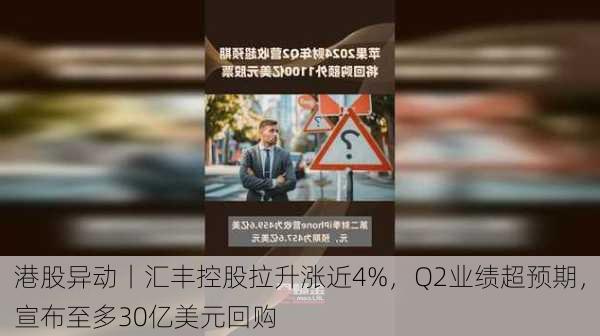 港股异动丨汇丰控股拉升涨近4%，Q2业绩超预期，宣布至多30亿美元回购