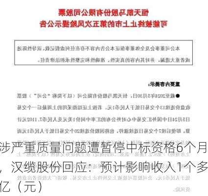 涉严重质量问题遭暂停中标资格6个月，汉缆股份回应：预计影响收入1个多亿（元）