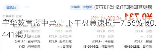 宇华教育盘中异动 下午盘急速拉升7.56%报0.441港元