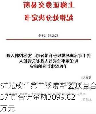 ST元成：第二季度新签项目合同37项 合计金额3099.82万元