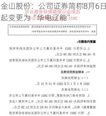 金山股份：公司证券简称8月6日起变更为“华电辽能”