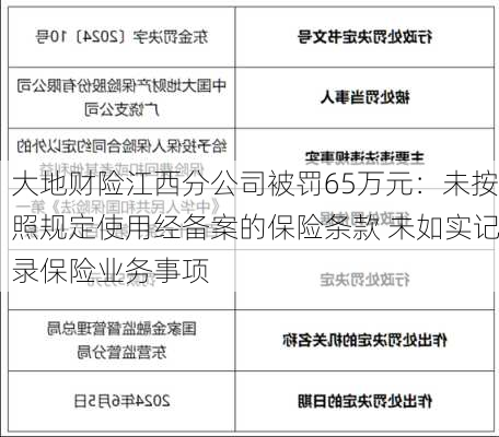 大地财险江西分公司被罚65万元：未按照规定使用经备案的保险条款 未如实记录保险业务事项