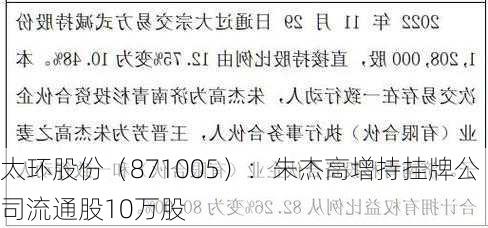 太环股份（871005）：朱杰高增持挂牌公司流通股10万股